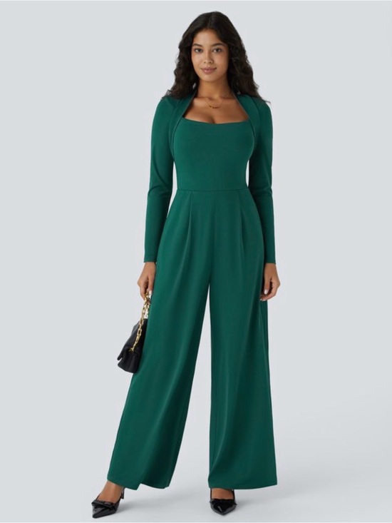 HALARA Pants - HALARA Emerald Green Long-Sleeve Wide-Leg Jumpsuit